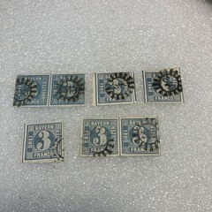 7 USED Antique Authentic Bavaria Bayern Stamps Blue 3 Kreuzer Numeral; 1850-1862
