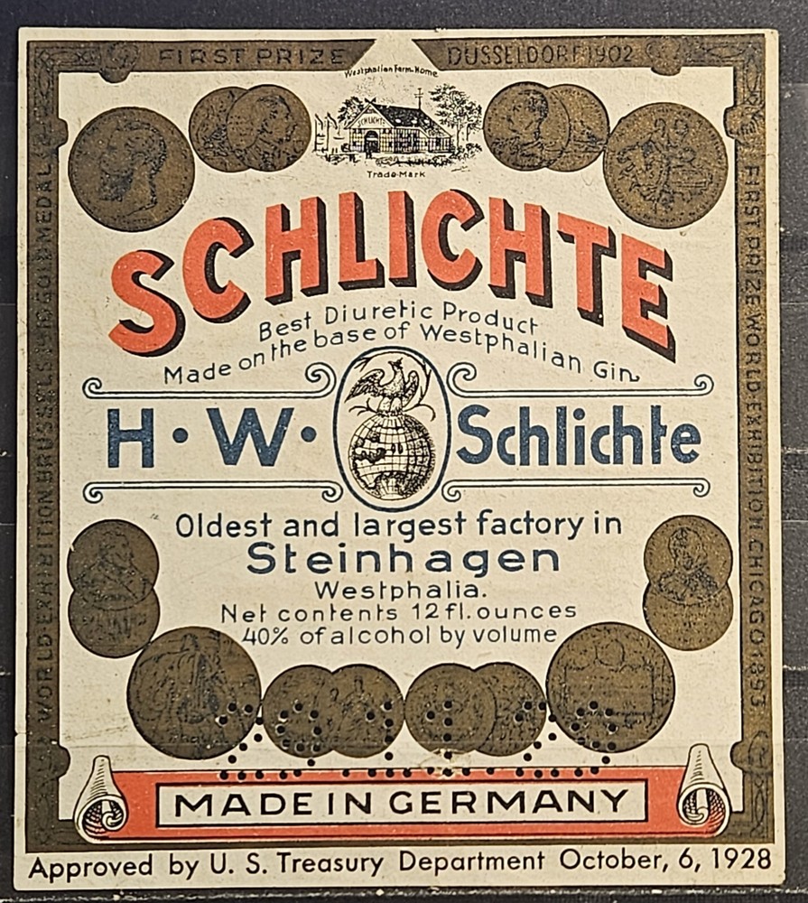 Germany Schlichte 1928 Gin Label, Original perfin 29-11-29 (AA1)