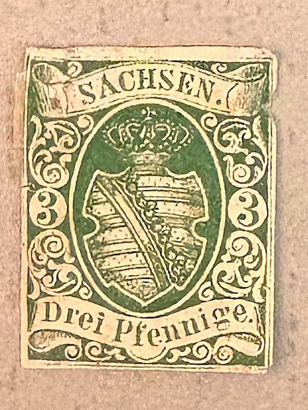 Saxony 2 / 1851 3pf Green Coat of Arms Stamp / Unused / Faults