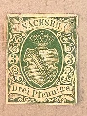 Saxony 2 / 1851 3pf Green Coat of Arms Stamp / Unused / Faults
