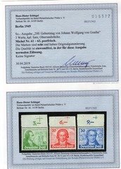 GERMANY BERLIN 1949 GOETHE SET 9N61-9N63 PERFECT MNH SCHLEGEL BPP CERTIFICATE