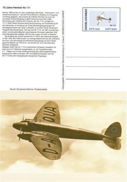 Oderlandbrief: MiNr. KB 1,“ First Flight Des Heinkel He-111 „,Stationery,Unused