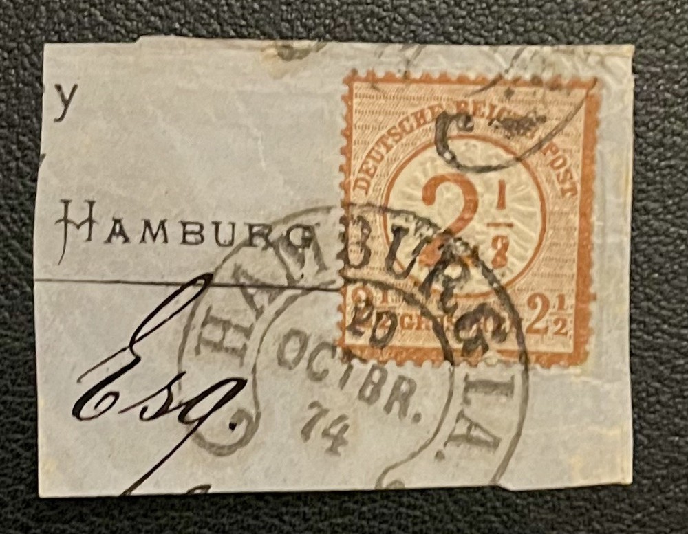 GERMAN EMPIRE, 2.5 GROSCHEN, ORANGE STAMP, LARGE SHIELD, HAMBURG POSTMARK PIECE.