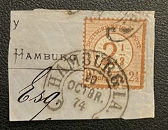 GERMAN EMPIRE, 2.5 GROSCHEN, ORANGE STAMP, LARGE SHIELD, HAMBURG POSTMARK PIECE.