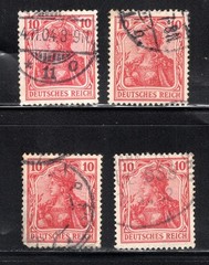 Germany Stamp Scott #68, 10p, Germania 1902, Carmine, Lot of 4, Used, SCV$4.00
