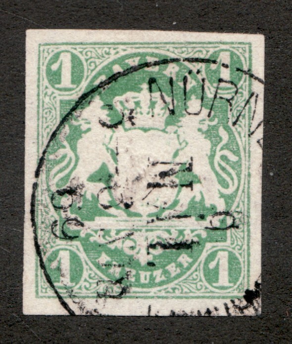 1867-68 German Bavaria Sc #15 – 1Kr Embossed Coat of Arms. Used stamp. Cv$12