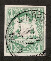 1867-68 German Bavaria Sc #15 – 1Kr Embossed Coat of Arms. Used stamp. Cv$12