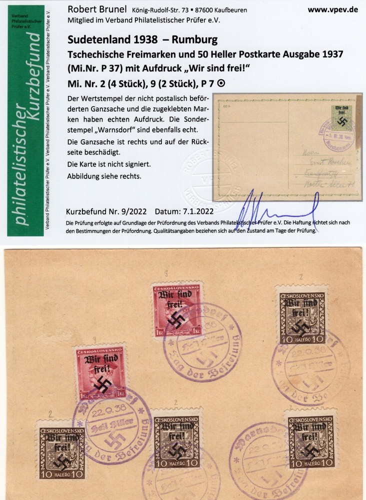 GERMANY OCCUPATION SUDETENLAND RUMBURG MICHEL P7 4x #2 & 2X #9USED CERT BRUNEL