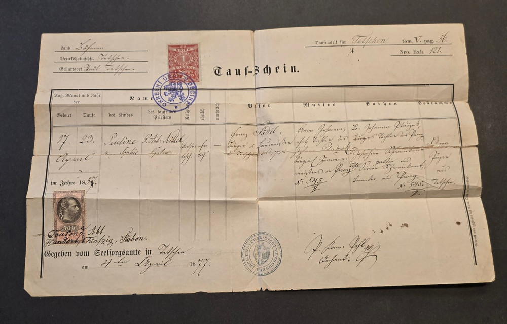1857 Austrian Baptism Certificate Taufschein w Revenue Stamps Original