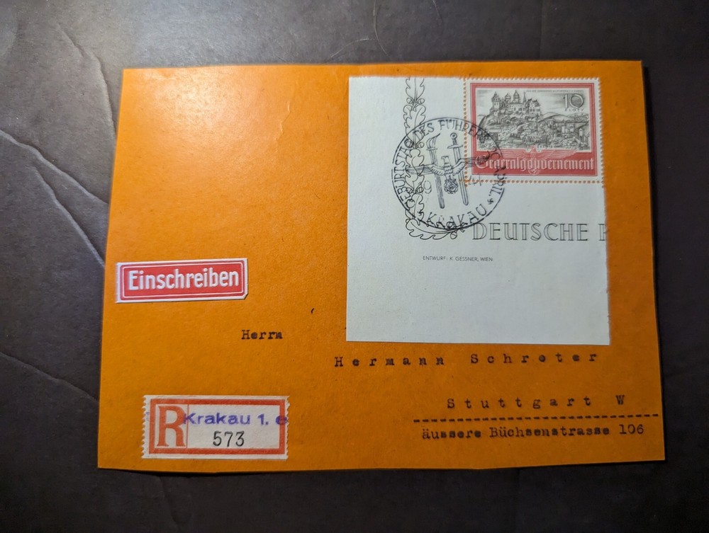 1941 Registered General Government Poland Cover Krakau to Stuttgart Germany