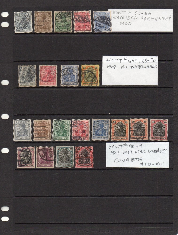 GERMANY LOT OF 43 GERMANIA STAMPS 1900-1921 MOSTLY USED SOME HINGE REMNANTS
