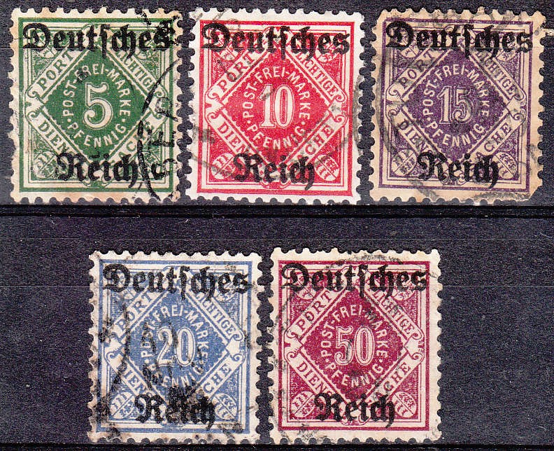 Stamp Germany Official Mi 052-6 Sc O59-63 Dienst Reich Wurttemberg Porto Used