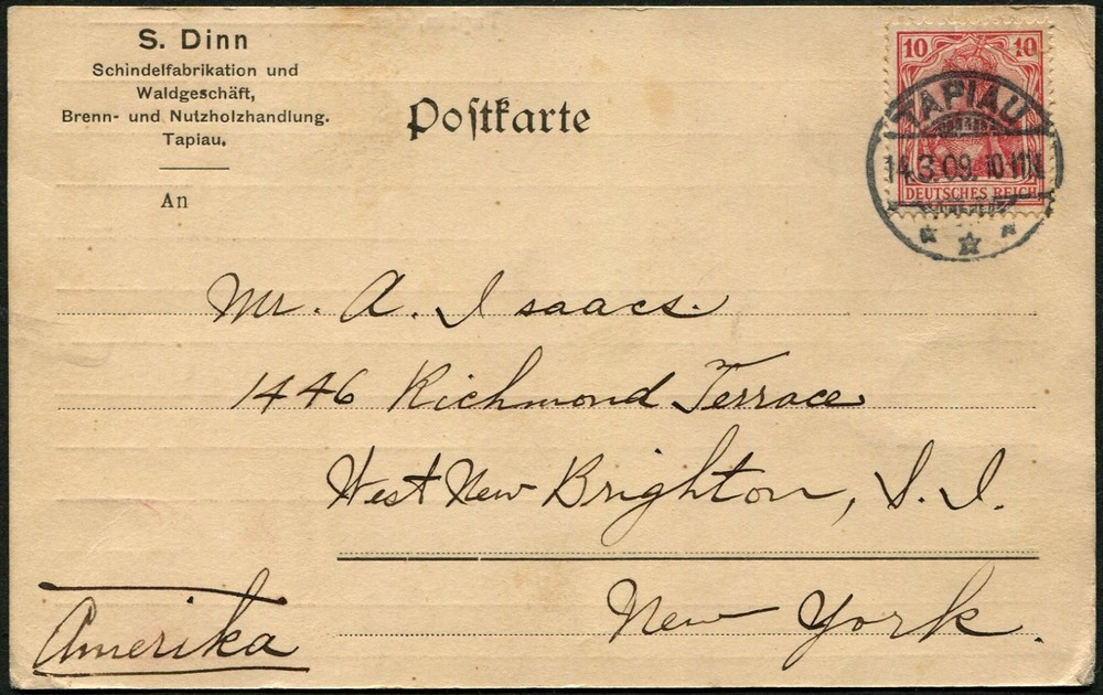 German Empire Tapiau to New York USA 1909 Stationery Postal Card