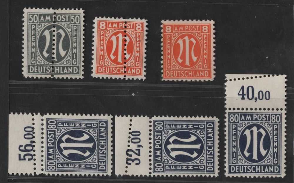 GERMANY 1945 AM POST 6 STAMPS WITH ERRORS INCLUDING 8PF. DOUBLE PRINTED