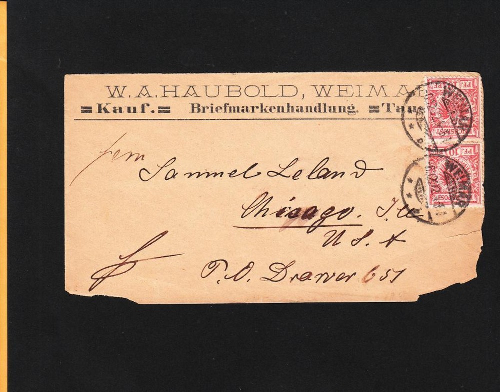 Germany Stamp Dealer W Haubold 2x10p Weimar 1892 to Chicago Backstamp Toned o