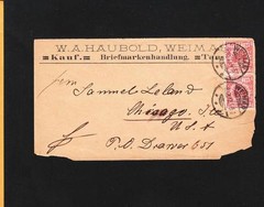 Germany Stamp Dealer W Haubold 2x10p Weimar 1892 to Chicago Backstamp Toned o