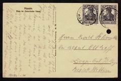 1917 Germania Pair 15 pf dark violet on domestic postcard of Ostenfelder Haus