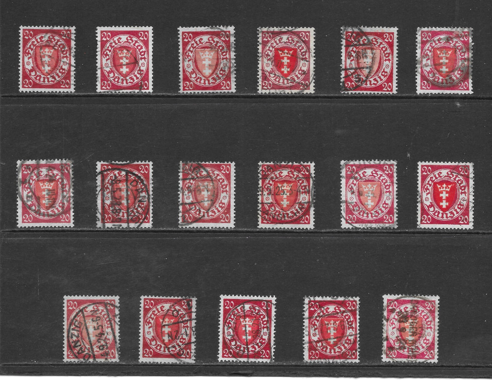 DANZIG SCOTT 177 20pf USED x 17 (C) – 1924 20pf CARMINE & RED COAT OF ARMS ISSUE