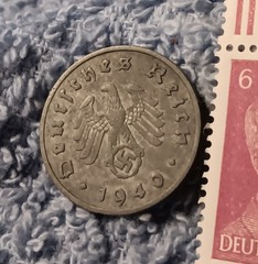 1940 German 10 Pfenning ~ km#101 , WW2 Germany ~ + 6pf. Stamp, Has Flaws