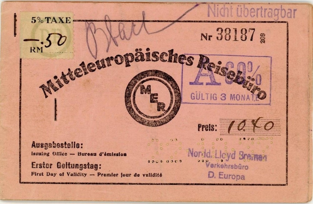 Germany document ticket tax revenue 0,50 RM 1937 fiscal