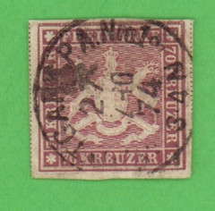 Germany, Wurttemberg. Scott #53, 70kr. 1 stamp 1873, MNG. CANCELED ST11