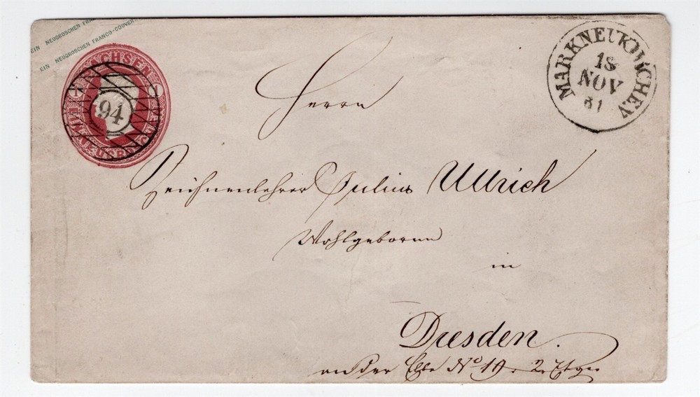 MARKNEUKIRCHEN SAXONY 1861 POSTAL STATIONERY COVER TO DRESDEN GERMANY