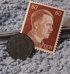 1941 German penny ~ 1 Pfenning ~ km#97 , WW2 Germany ~ + 60 pf. Stamp