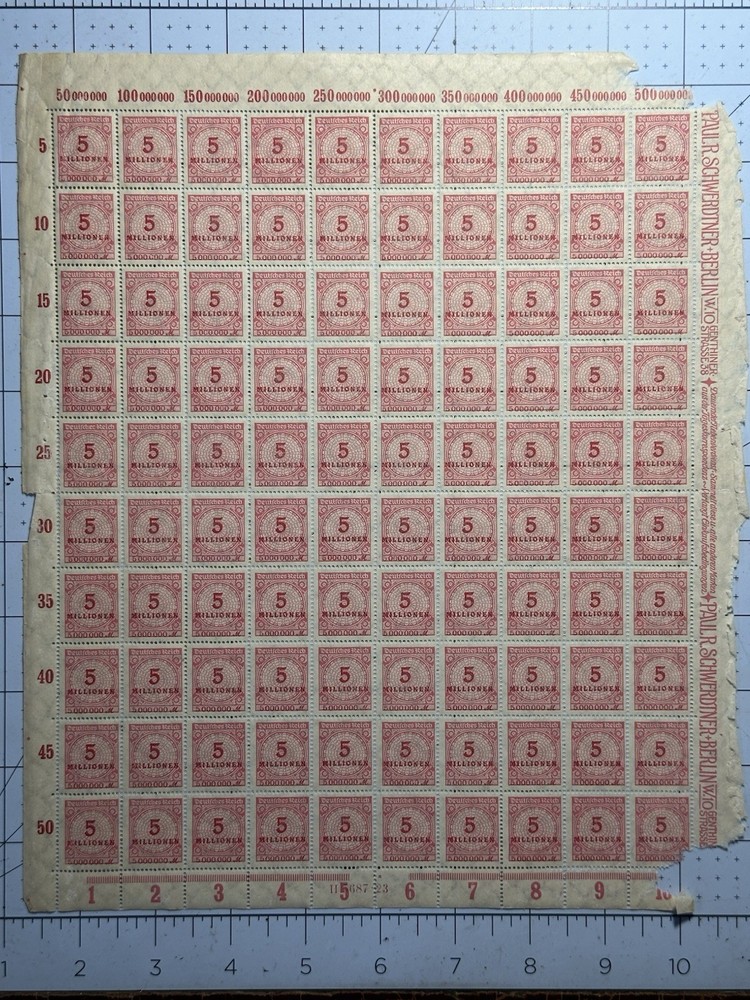 Germany 1923 SC 285 Sheet 5 Millionen Mark Hyperinflation MNH