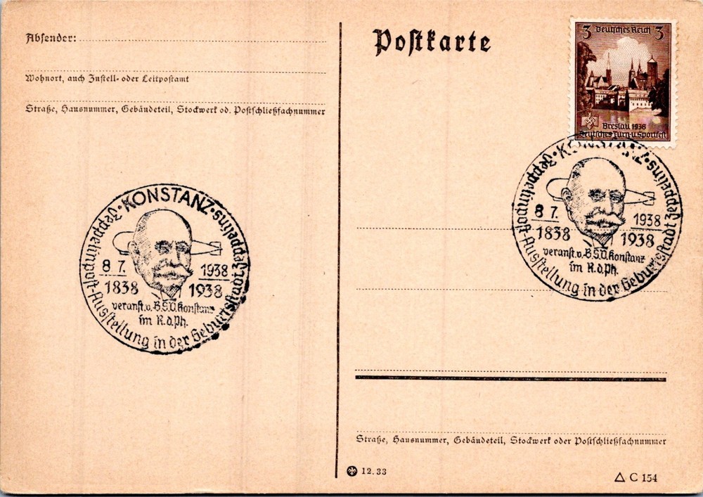 GERMANY 1938 POSTAL POSTCARD GRAF VON ZEPPELIN SPECIAL PICT POSTMARK KONSTANZ