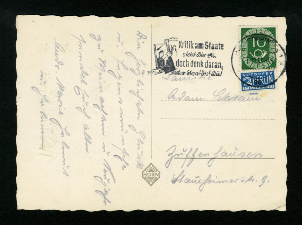 Germany 1951 Postcard Merry Christmas – „Criticism Of The State“ Slogan Cancel