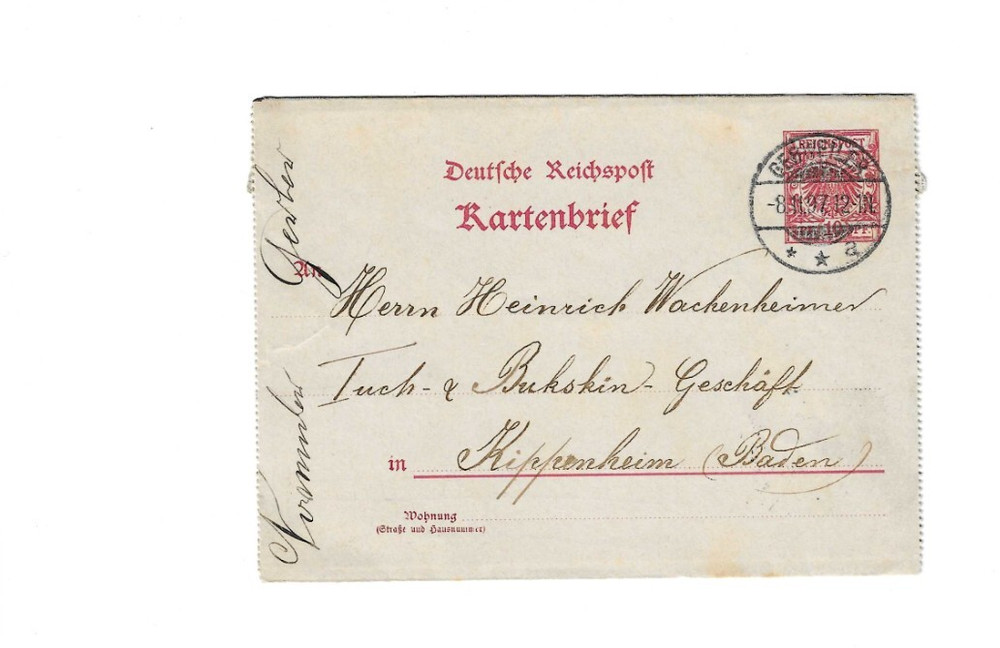 GERMANY 1897 Kartenbrief sent from Gebweiler to Kippenheim