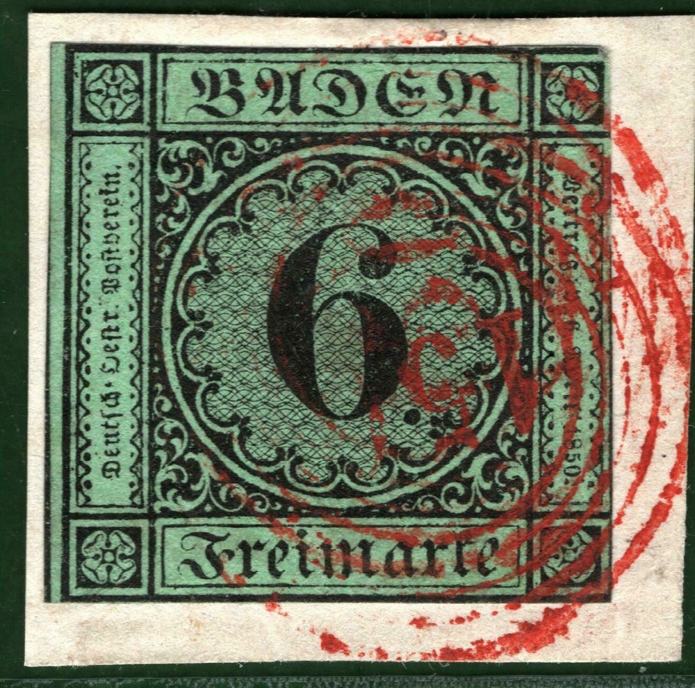 Germany BADEN 1851 6kr RED *154* Walldurn Numeral Piece Scott.3var ORANGE349