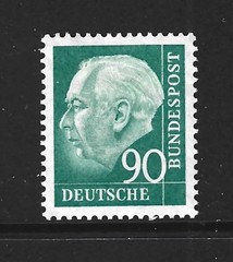 GERMANY – 1956-1957 – HEUSS DEFINITIVE – 90 PF BLUE-GREEN – Scott #761 – MINT