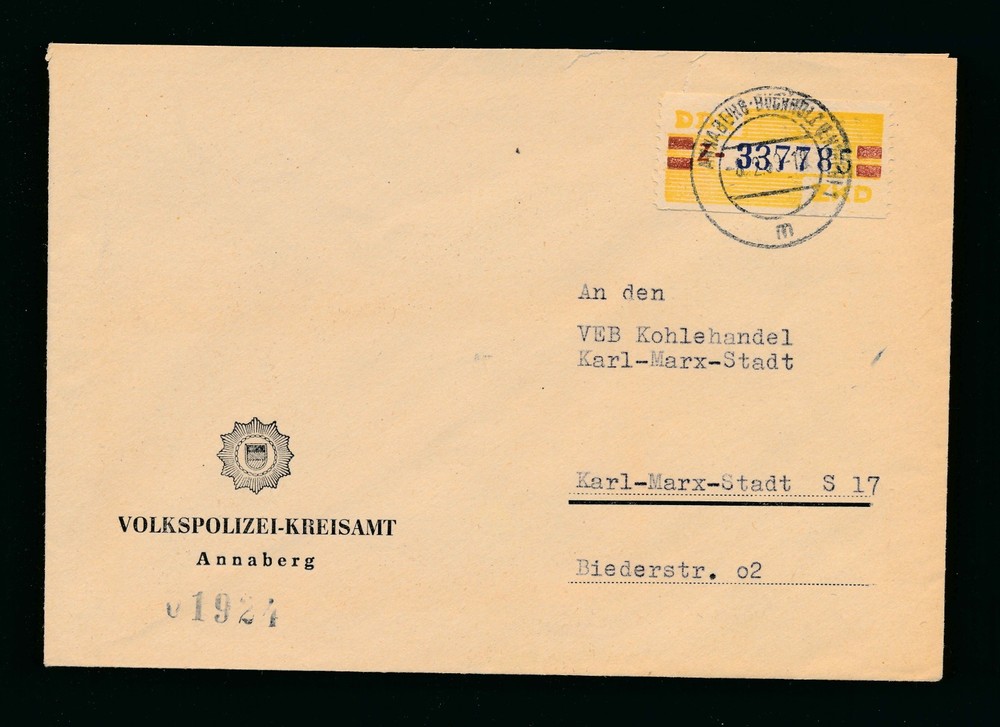 Germany DDR 1959 ZKD Cover Volkspolizei Annaberg to Karl-Marx-Stadt Police Mail