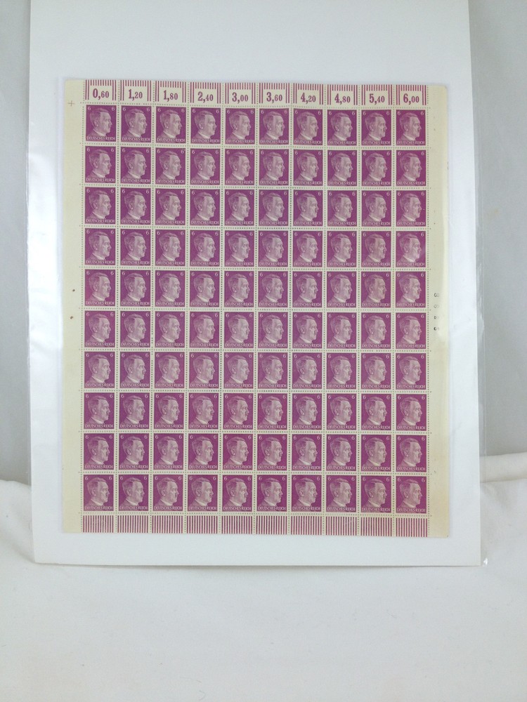 GERMANY REICH 1941 ADOLF HITLER HEAD PURPLE 6PF SHEET OF 100 STAMPS, NO GUM, NH