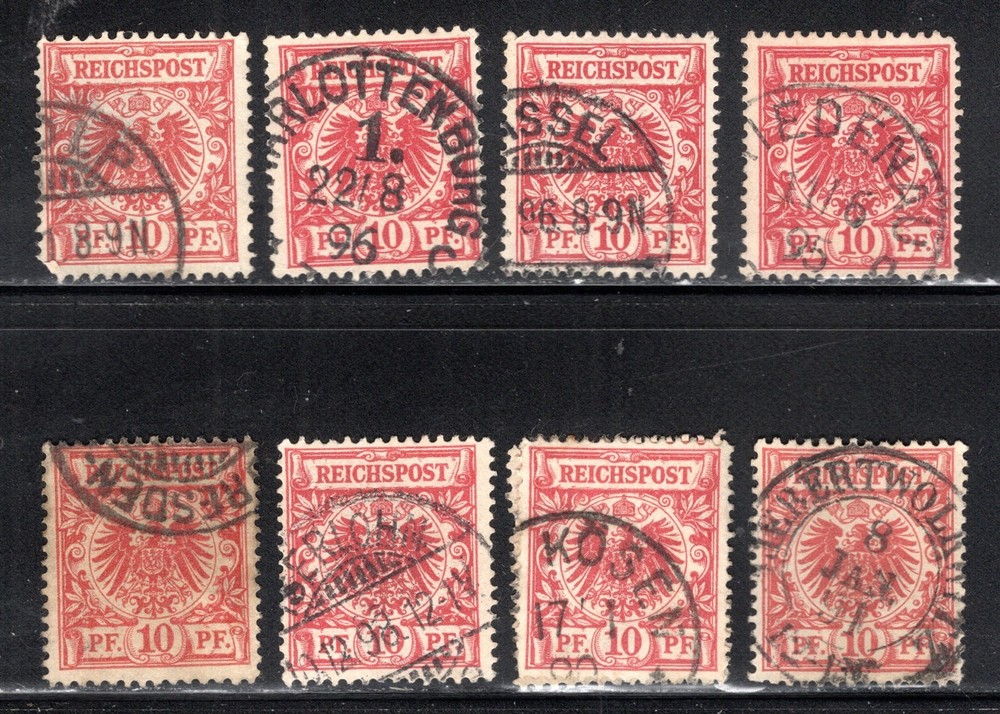 Germany Stamp Scott #48, 10pf, Carmine 1889-90, Lot of 8, Used, SCV$12.00