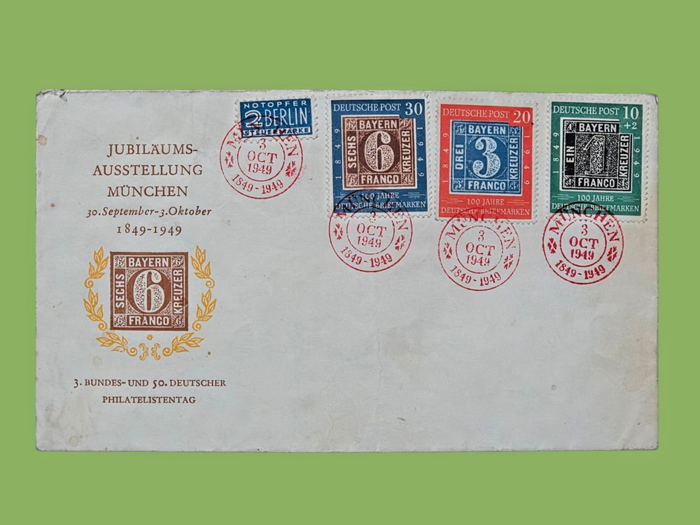 Germany 1949 BRD FDC Mi 113-115 100 Jahre Briefmarken Munich Exhibition Bavaria
