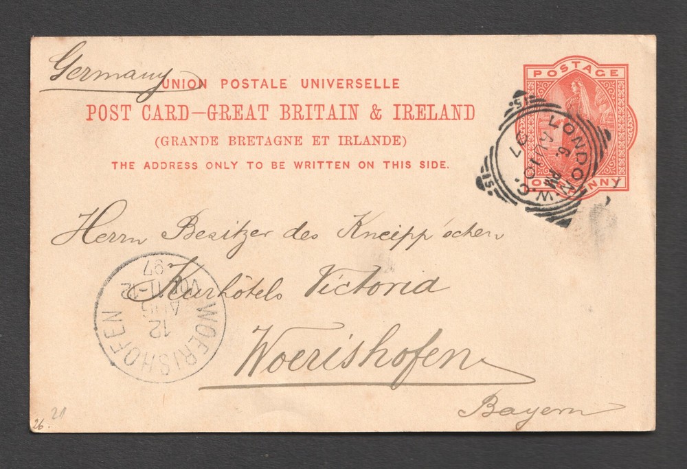 Queen Victoria QV 1d Postal Stationery Postcard London 1897. Germany Worishofen