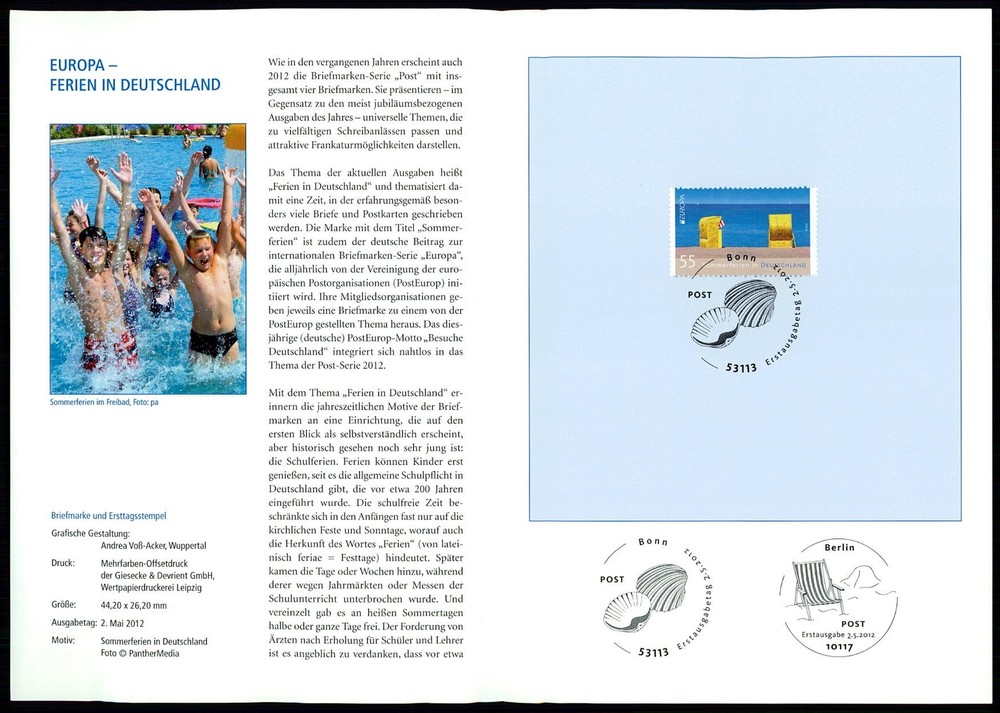 GERMANY FOLDER 2012/21 EUROPA CEPT FERIEN KINDER FREIBAD STRANDKORB MUSCHELN
