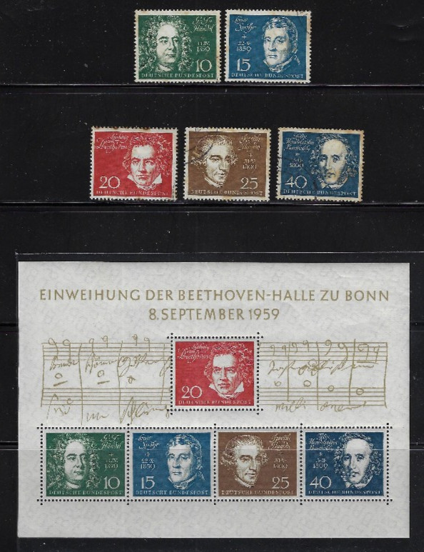 Germany: 1959; Scott 804, Souvenir Sheet MNH+ set used, composers, EBA059