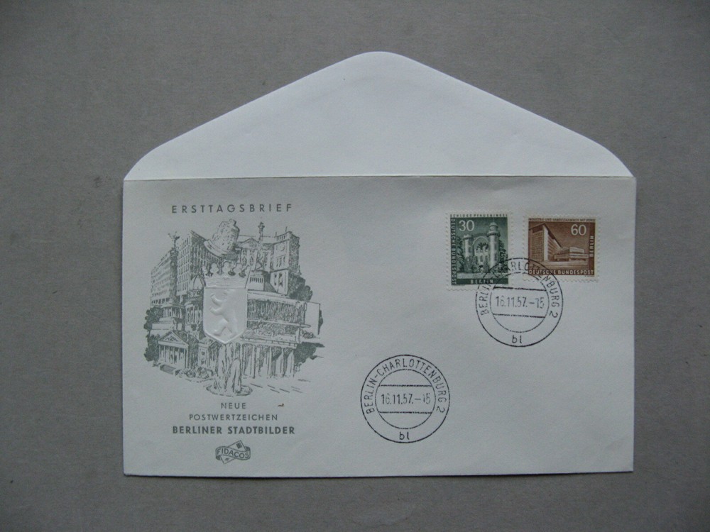 GERMANY BERLIN, cover FDC 1957, Berlin Buildings 30 pf + 60 pf
