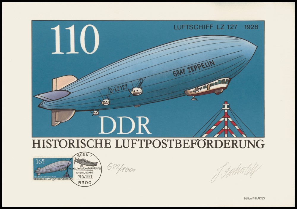 ART-EDITION 1991 GERMANY 1525 ZEPPELIN LZ 127 PM „BONN“ HAND-SIGNED !!