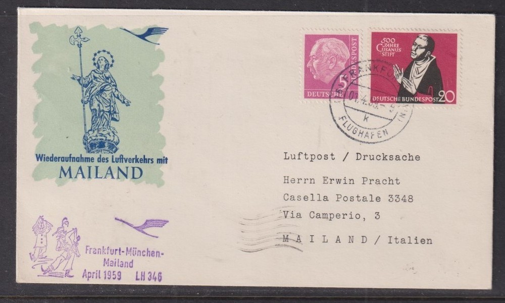 Germany 1959 LH 346 Lufthansa Frankfurt to Mailand Flight Cover + back