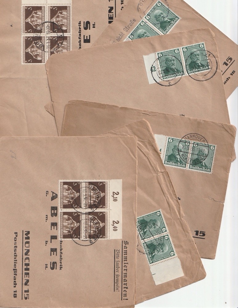 (6) 1936-37 GERMAN PHILATELIC COVERS ALL W/ BLOCKS/PAIRS TAGGED
