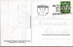 GERMANY 1931 DANZIG POSTAL PICTORIAL BEACH POSTCARD ADDR ERFURT POSTMARK DANZIG