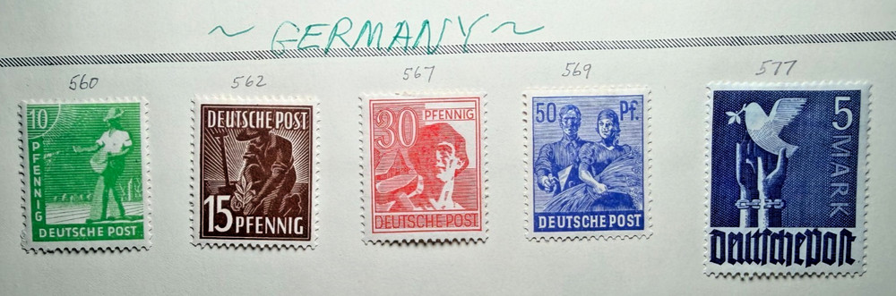Germany Lot of 5 Stamps SC 560,562,567,569,577 1948 Mint Hinged