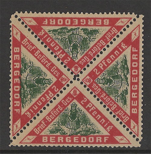 GERMANY-BERGEDORF PRIVATE LOCAL MNG BLOCK OF FOUR TRIANGLE STAMPS