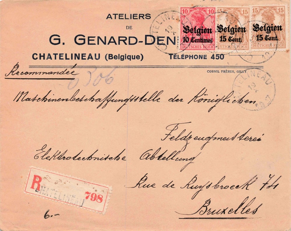 Attractive 1917 WWI German Occupation of Belgium Registered Commercial Cover