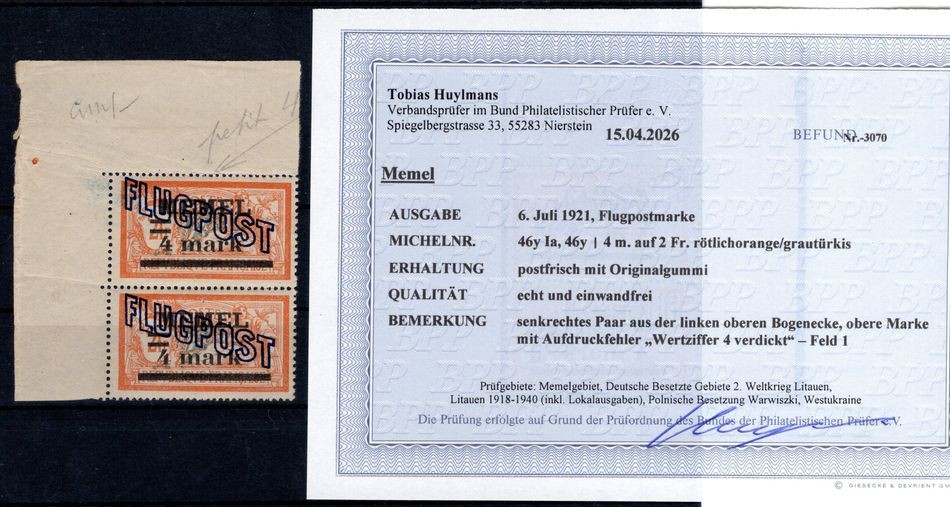 Memel 46yIa ABART BPP Signature Postfrisch MNH – Authentic