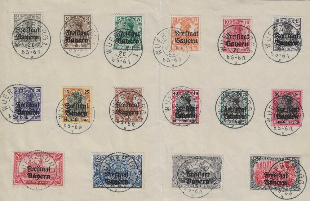 Germany , Bavaria overprints, 16 Deutsches Reich stamps, 1905-19, VF-XF